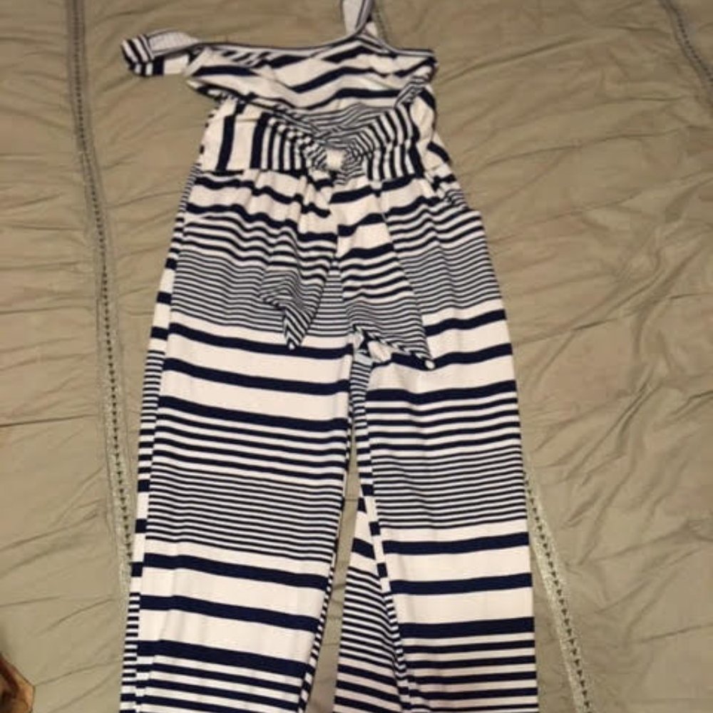 Kids jumpsuit with navy blue and white spripes